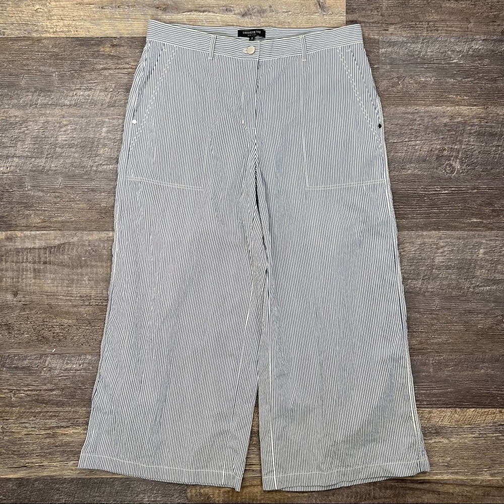 Lafayette 148 blue & white stripe seersucker wide leg casual pants size 10 B145